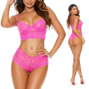 🔥 NEW Neon Pink Lace Underwire Cami & Booty Shorts Lingerie Set